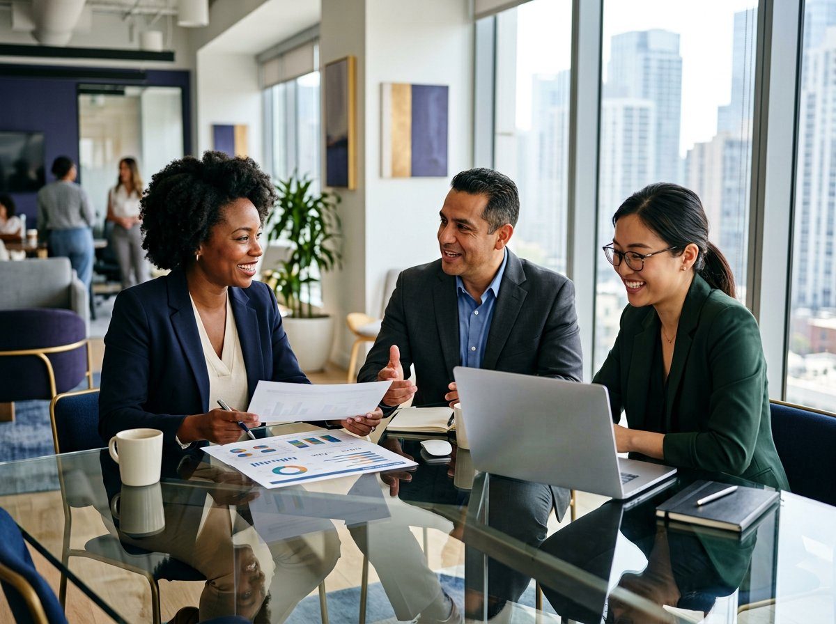 Three financial professionals reviewing charts together in a bright office