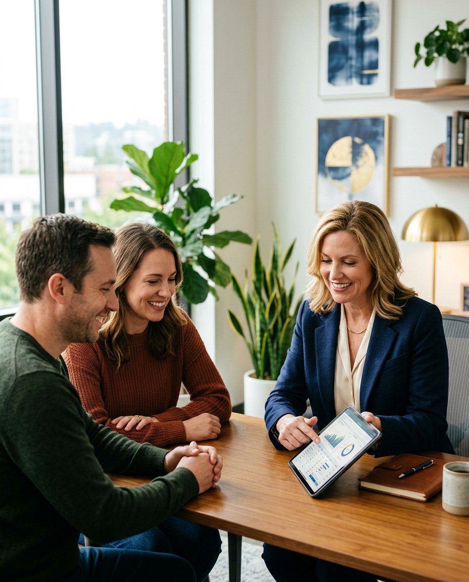 Financial advisor explaining a plan on a tablet to a smiling couple