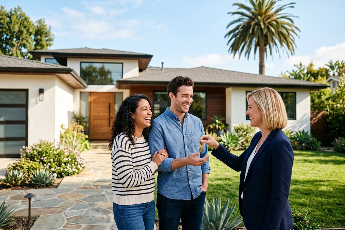Happy couple receiving the keys to their new home