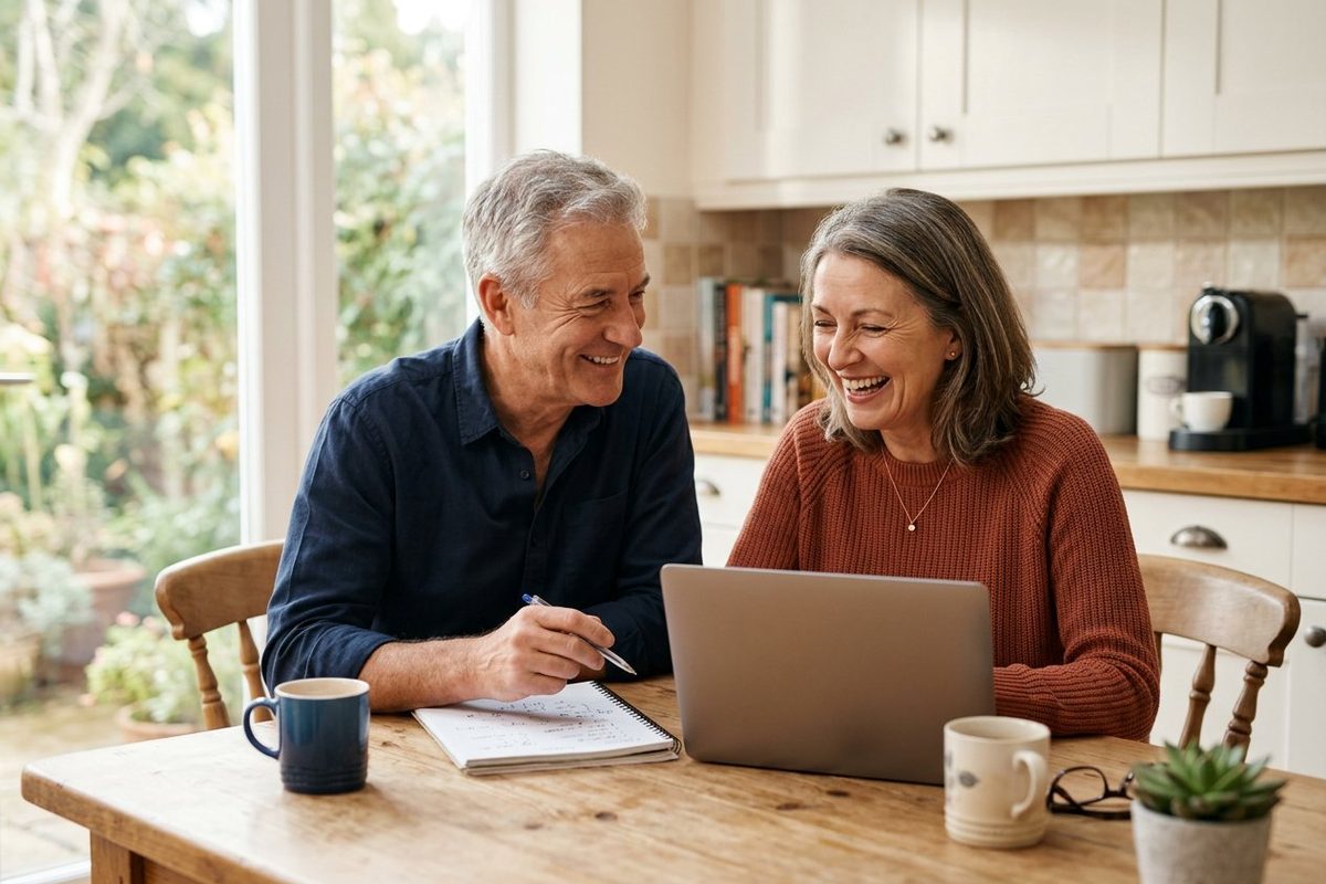 Couple smiling as they plan their retirement and investments